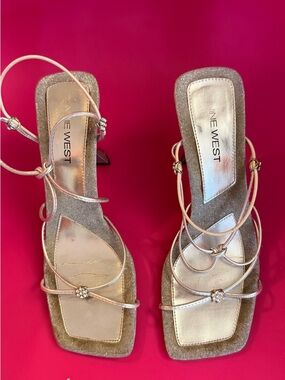 Nine West Metallic Gold Rhinestone Strappy Heels